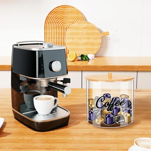 Vista 5 de homicozy Soporte para Cápsulas de Café con Tapa de Bambú, Gran Capacidad de 80 Onzas, Almacenamiento Transparente de Encimera para Cápsulas de Café