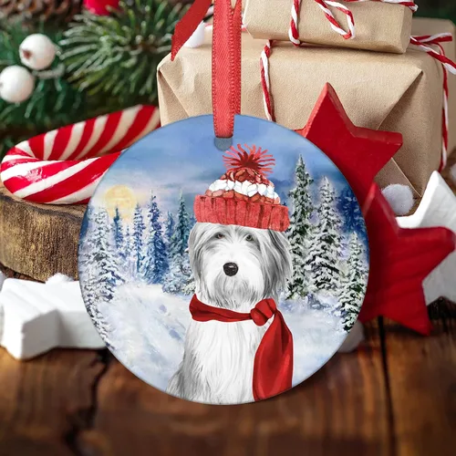 Vista 8 de Adorno de Navidad 2021 Perro Coton De Tulear Santa Porcelana Adorno de Navidad Coton De Tulear Cachorro Mascota Adornos de Árbol de Navidad Redondo