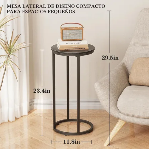 Vista 3 de Mesa auxiliar en forma de C, mesa auxiliar redonda de madera para sofá, mesa de sofá pequeña con marco de metal para dormitorio, sala de estar