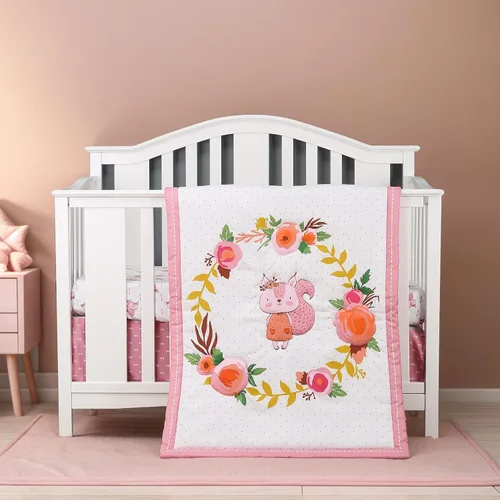 Vista 8 de Brandream Juego de ropa de cama para guardería para niñas, color rosa, diseño floral, edredón de 3 piezas, sábana bajera, falda de cuna, ardilla