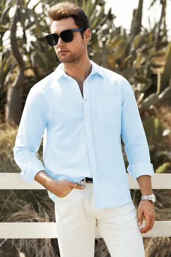 Vista 5 de JMIERR Camisa de vestir de manga larga con botones y lino de algodón para hombre