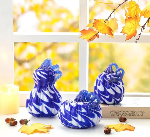 Vista 4 de Glitzhome Calabaza de cristal soplada a mano 3pcs Calabaza de cristal de otoño, azul/blanco