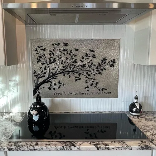 Vista 2 de Azulejos de salpicadura de cocina de cobre hechos a mano, ramas de árbol con hojas para salpicadura de cocina, panel decorativo de salpicadura