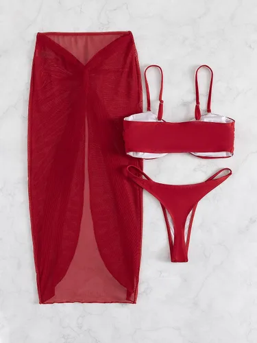 Vista 2 de OYOANGLE Conjunto de bikini de 3 piezas para mujer, traje de baño con alambre en V, falda de playa torcida