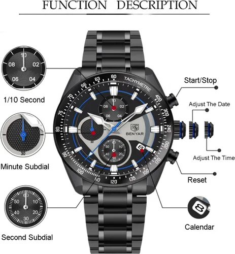Vista 2 de BY BENYAR Relojes clásicos para hombre, relojes de pulsera militares de acero inoxidable con calendario, resistentes al agua y a los rayones