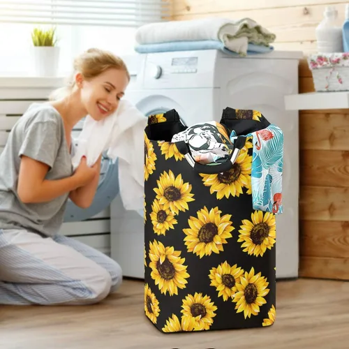 Vista 6 de senya Cesta de lavandería grande para compras, plegable, de tela, plegable, para ropa sucia, contenedor plegable para lavado (girasol negro)