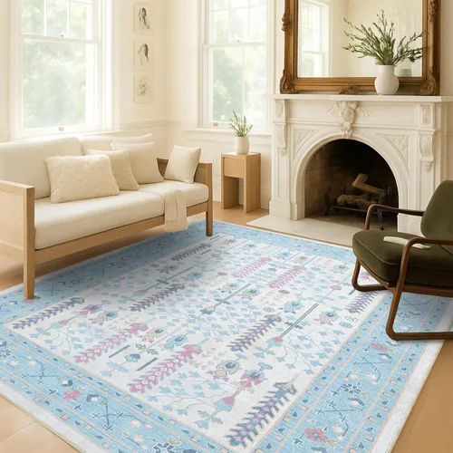 Vista 2 de Fame Living Alfombra Oushak Crema Azul, Alfombras Pequeñas Modernas, Vintage, Turca, Ecléctica, Floral, Pastel, Lavable, Tapete para Puerta, Felpudo