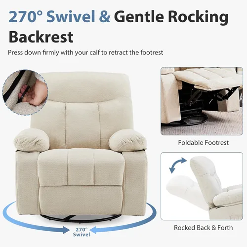 Vista 6 de DUMOS Rocker - Silla reclinable giratoria con masaje por vibración y calefacción lumbar, sillón reclinable de tela de felpilla giratoria de 270°