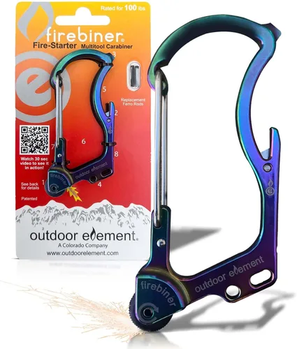 Vista 12 de OUTDOOR ELEMENT Firebiner 6-en-1 - Mosquetón Iniciador de Fuego EDC Multiherramienta de Emergencia - Llavero, Cuchilla Utilitaria, Abrebotellas y Más