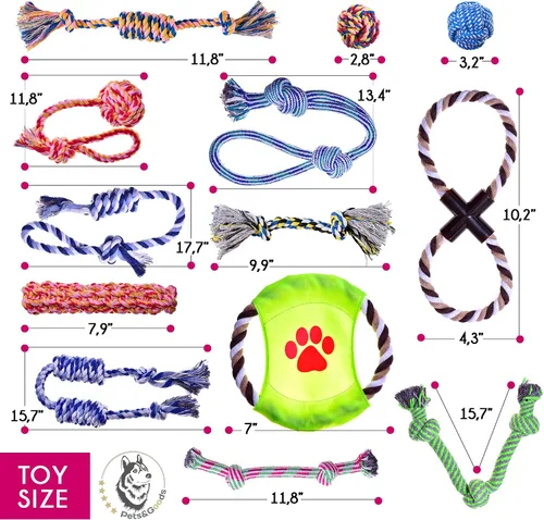 Vista 7 de Pets&Goods Juguetes masticables de cuerda – Paquete de 13 juguetes duraderos de algodón para cachorros y perros pequeños – Juguetes de cuerda