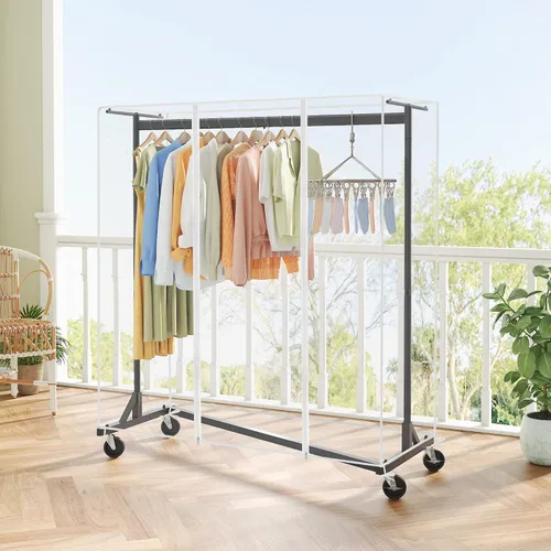 Vista 8 de Hoctieon Z Perchero de Ropa con Cubierta, Perchero de Ropa de Metal Resistente, Perchero de Ropa Rodante con Ruedas, con Cubierta Antipolvo