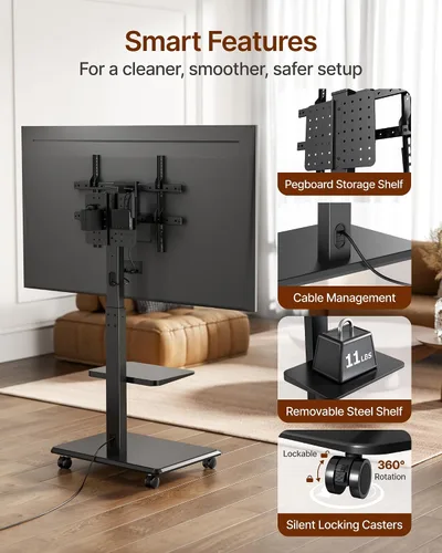 Vista 4 de Soporte de TV rodante con base de acero para televisores de 37 a 86 pulgadas hasta 50 kg, soporte móvil para TV con rotación, inclinación y giro