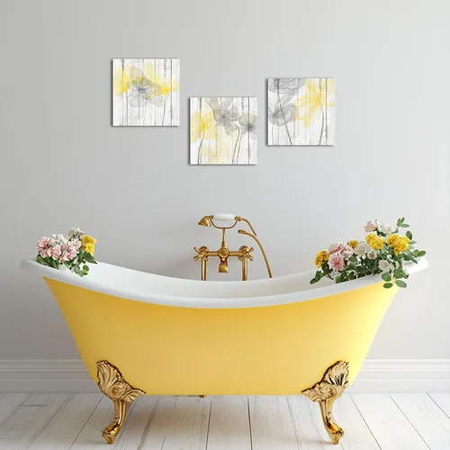 Vista 2 de Zlove Decoración de baño amarilla, decoración de pared amarilla y gris, lienzo moderno, cuadros de flores para baño y dormitorio, 12 x 12 pulgadas