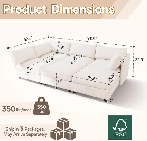 Vista 2 de 95.5" Sofá seccional modular de chenilla con almacenamiento oculto, sofá cama convertible en forma de L y U, sofá seccional moderno de 6 plazas