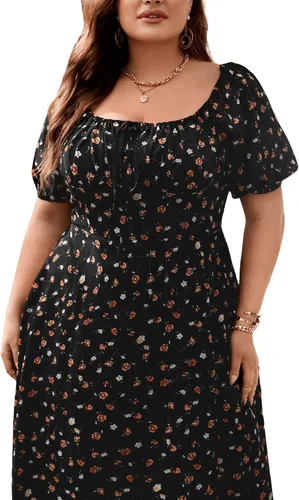 Vista 3 de Floerns Vestido midi con estampado floral y cuello cuadrado y lazo frontal para mujer