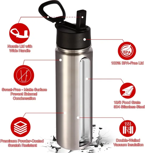 Vista 5 de Volhoply Botellas de agua aisladas de 22 onzas con tapa con popote, botella deportiva de acero inoxidable con asa, vasos de agua de viaje de metal