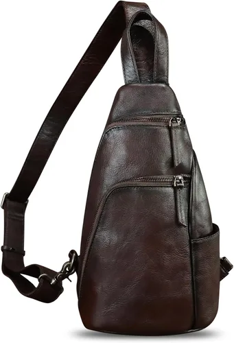 Vista 2 de Bolso bandolera de cuero genuino, bolso cruzado hecho a mano para senderismo, riñonera, mochila retro para el hombro, mochila de pecho vintage