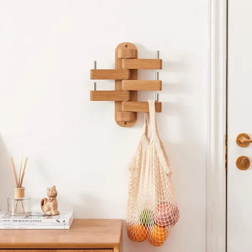Vista 6 de Perchero giratorio para pared, ganchos de pared de madera de roble con 5 brazos plegables giratorios, estante de entrada para dormitorio, entrada