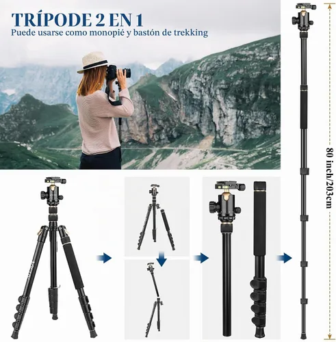 Vista 6 de Trípodes de aluminio de 77" para cámara y monópodos, trípode compacto de viaje Victiv para cámara DSLR, visor de observación, telescopio Dorado