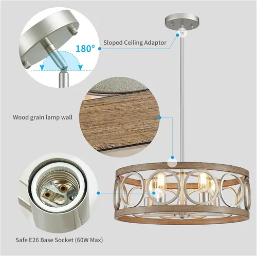 Vista 3 de XINGQI Candelabro de tambor de 21.7 pulgadas, lámpara de comedor de granja, iluminación de cocina de níquel cepillado de grano de madera, 5 luces