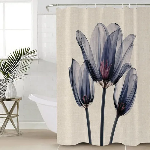 Vista 3 de Cortina de ducha, diseño abstracto transparente de tulipán, de algodón y lino con textura de tulipán, juego de cortina de ducha impermeable con 12