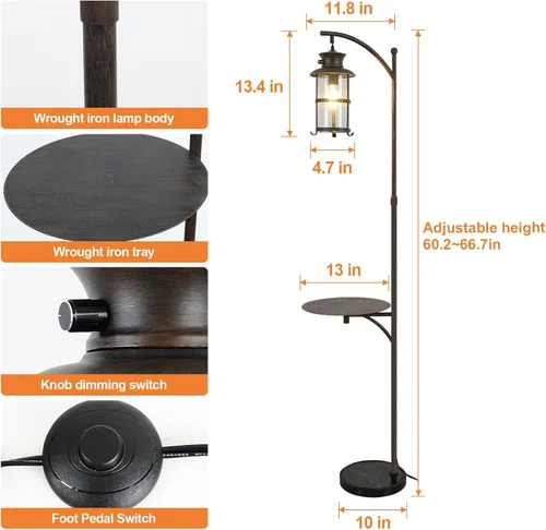 Vista 7 de beaysyty Lámparas de pie ajustables retro de granja con bandeja, lámpara de pie alta para dormitorio, decoración del hogar para oficina, sala