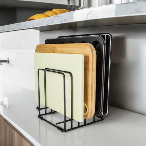 Vista 6 de Organizador de tabla de cortar para gabinete de cocina, estante de almacenamiento de hojas de galletas, soporte divisores de gabinete con 5 ranuras