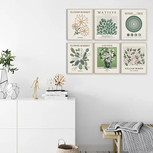 Vista 4 de Juego de 6 piezas de arte abstracto bohemio para pared, impresiones modernas de flores y lienzo Matisse verde salvia, sin marco, de 8 x 10 pulgadas
