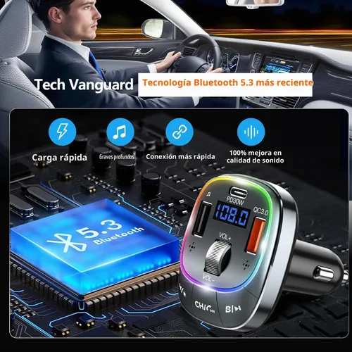 Vista 2 de Redroman Adaptador de coche USB C Bluetooth 5.4 para llamadas manos libres y carga rápida de 48 W, transmisor FM inalámbrico receptor de audio