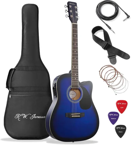 Vista 17 de Jameson Guitars - Guitarra eléctrica acústica Thinline de tamaño completo con funda y púas, negra, para diestros