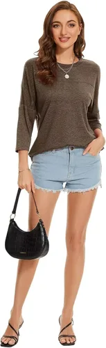 Vista 13 de ZENNILO Camisetas casuales de manga 3/4 para mujer, holgadas, cuello redondo, lindas camisetas básicas