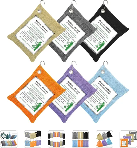 Vista 9 de Bolsas purificadoras de aire de carbón, paquete de 12 bolsas de carbón de bambú de 3.53 onzas, absorbentes de olores, para ambientadores de 4