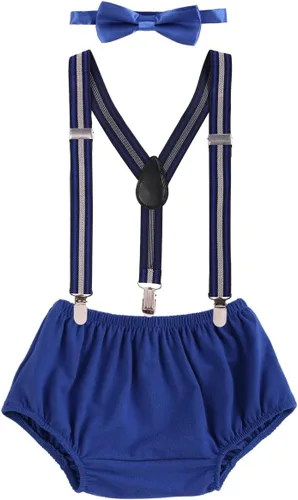 Vista 17 de Conjunto de ropa para festejar el primer cumpleaños de bebés, calzón pañalero con tirantes y corbata de moño. Beige & Blue