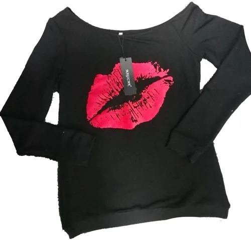 Vista 9 de Magicmk - Sudadera de hombro descubierto y mangas largas, con estampado de labios de mujer, en talla extragrande, para mujer