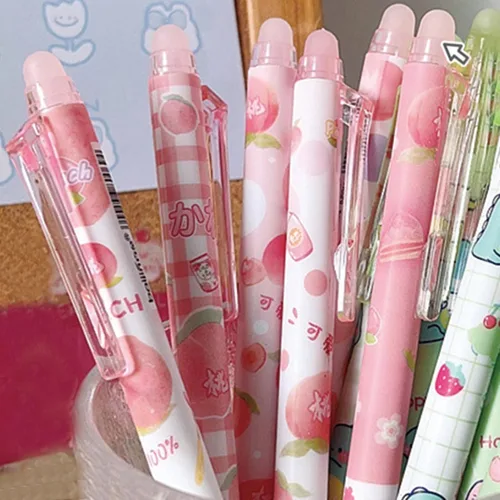 Vista 5 de MOZXIRZ 6 piezas de bolígrafos de tinta de gel borrables, bolígrafos retráctiles, lindos bolígrafos rosa y melocotón, bolígrafo de punta fina