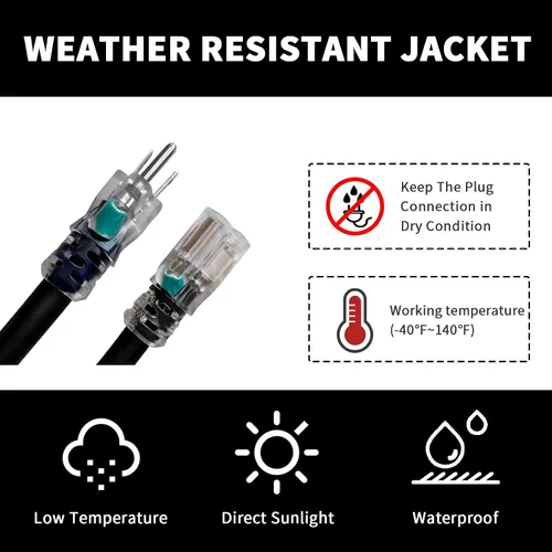 Vista 3 de Cable de Extensión HONDERSON con Extremo Iluminado, Certificado UL, Calibre 10, 1 Pie, Negro, 3 Puntas, Resistente, 10/3 SJTW, 15A, Cable de Energía