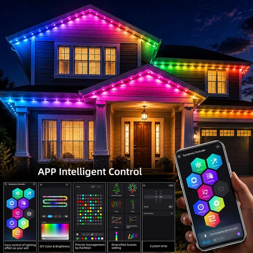Vista 6 de Luces permanentes para exteriores para casa de 50 pies RGB+IC luces de alero inteligente, IP67 impermeables, luces LED para exteriores