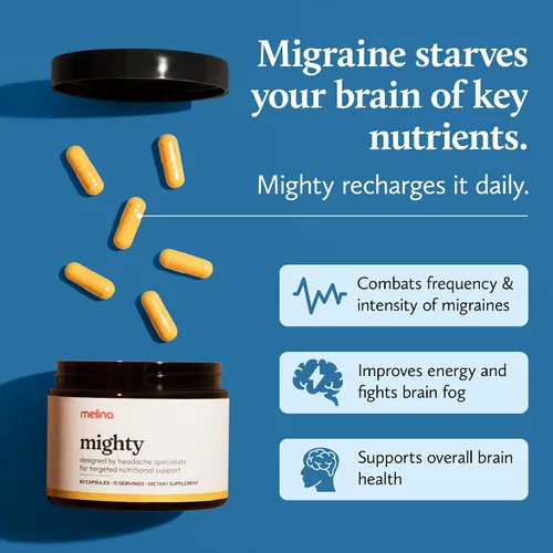 Vista 3 de Melina Mighty Suplemento natural para aliviar la migraña, magnesio, riboflavina B2 400 mg, matricaria, CoQ-10, ALCAR para fortalecer la migraña