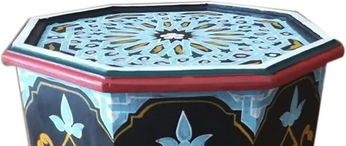 Vista 3 de Mesa auxiliar de madera marroquí hecha a mano, mesa auxiliar esquinera octogonal morisca de 20.5 pulgadas de alto por 14.75 pulgadas de diámetro