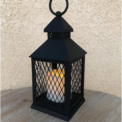 Vista 6 de Juego de 12 faroles de granja de 10 pulgadas decorativas negras con vela LED sin llama, temporizador de 5 horas, resistente a la intemperie, luces