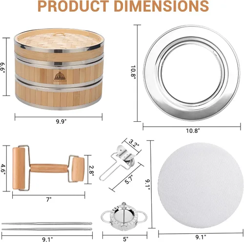 Vista 2 de Cesta para cocinar al vapor de bambú de 2 niveles Cesta para cocinar al vapor de bambú con forro reutilizable de silicona Kit de dim sum