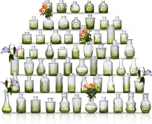 Vista 14 de Juego de jarrones de cristal para capullos de 20 piezas - Jarrones pequeños para flores a granel - Jarrones de cristal vintage surtidos para flores