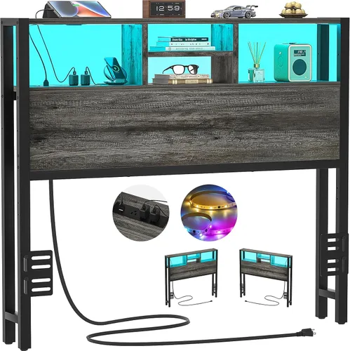Vista 12 de Cabecero Aheaplus para Cama Individual con Almacenamiento, Cabeceros con Enchufes, Puertos USB y Luz LED, Cabecero Individual Solo, Altura