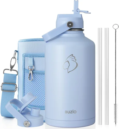 Vista 119 de BUZIO Botella de agua aislada de 24 oz, frasco de agua de boca ancha de acero inoxidable con tapa de pajita, frío durante 48 horas a prueba de Negro