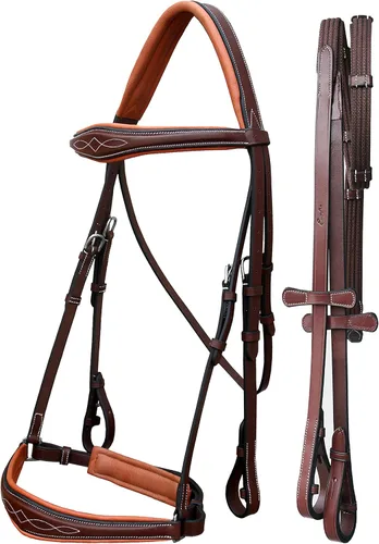 Vista 7 de Exion Dressage Brid: forro suave, forma anatómica y costuras de diseñador en banda de cejas y banda nasal viene con riendas de tela equipadas con un