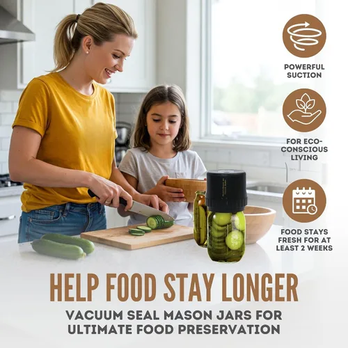 Vista 2 de Kit de sellado al vacío eléctrico para tarros Mason 2026, sellador automático recargable para tarros Mason - Incluye 5 tapas (boca regular y ancha)