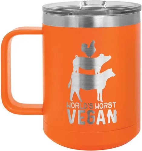 Vista 8 de Worlds Worst - Taza de café vegana negra de 15 onzas con tapa superior deslizante, taza de café de viaje aislada Idea de regalo para barbacoa