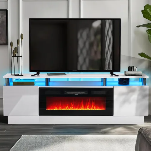 Vista 25 de oneinmil Soporte de TV con chimenea de 70 pulgadas para sala de estar, centro de entretenimiento con chimenea eléctrica con luces LED dobles
