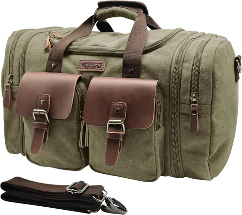 Vista 17 de Wildroad Bolsa de viaje de lona de 50L, bolsa de lona expandible de cuero genuino, bolsa de fin de semana mejorada para una noche, bolsa de mano