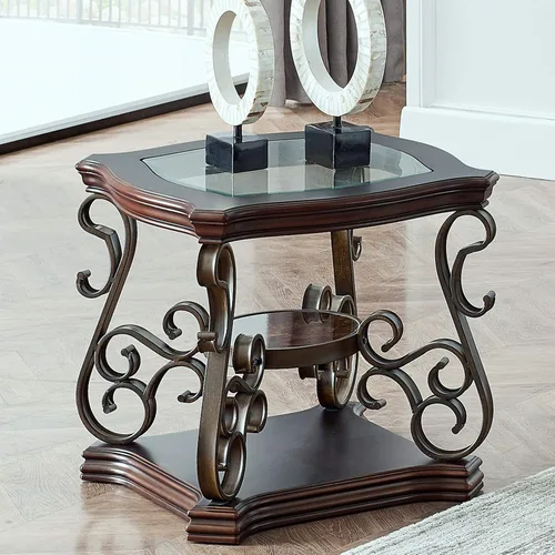 Vista 9 de SSLine Mesa auxiliar de madera vintage, elegante mesa de cóctel rectangular curvada con parte superior de vidrio templado y estante de mármol, mesas
